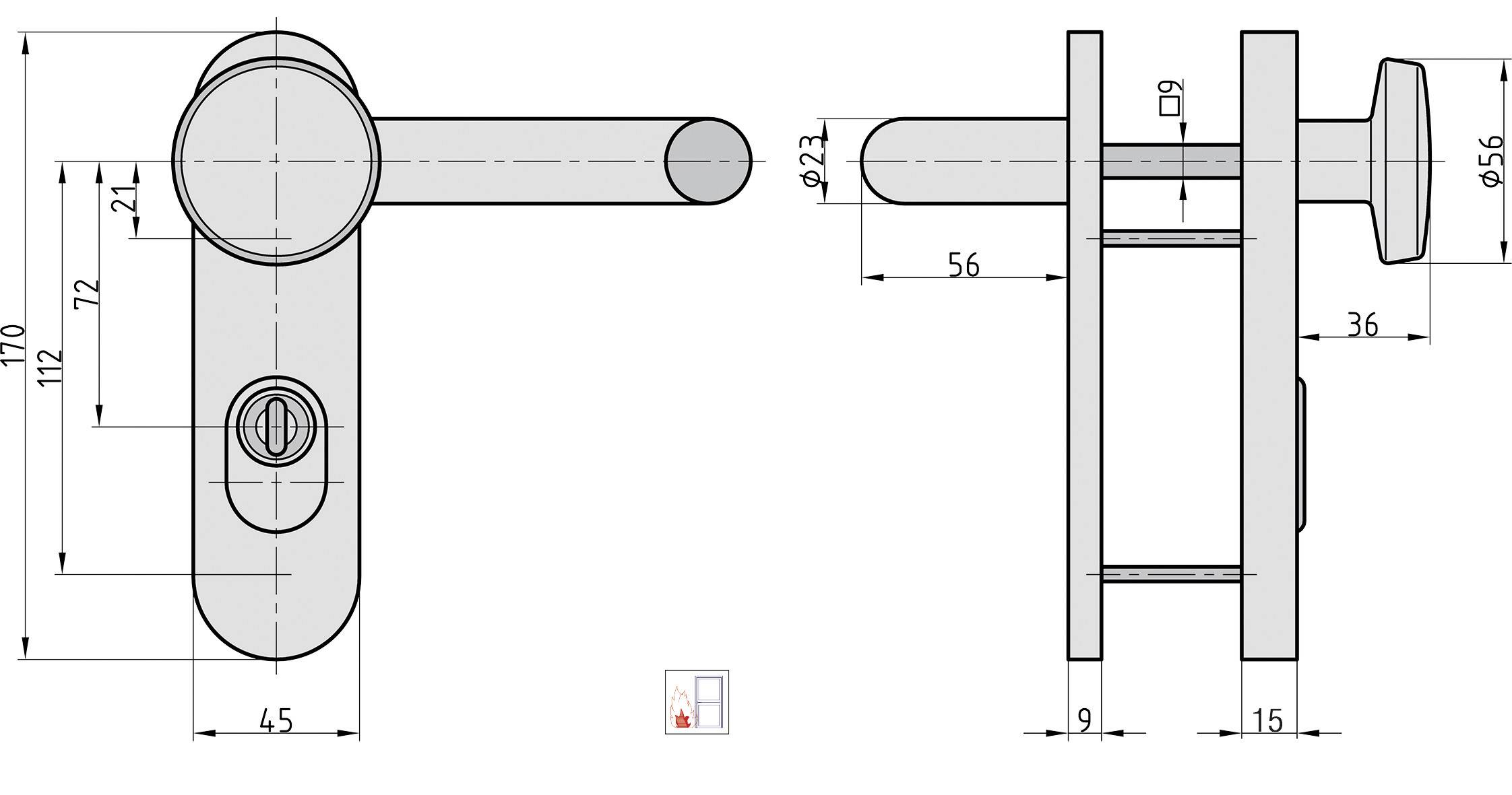 Technische tekening van een deurklink- en sloteenheid met afmetingen. Vooraanzicht en zijaanzicht, toont boorgat- en hefboompositie.