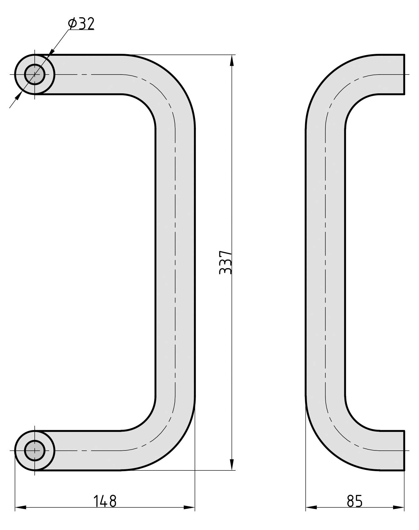 Technische tekening van een deurklink: links met afmetingen 148 mm x 337 mm, rechts met 85 mm breedte; diameter 32 mm.