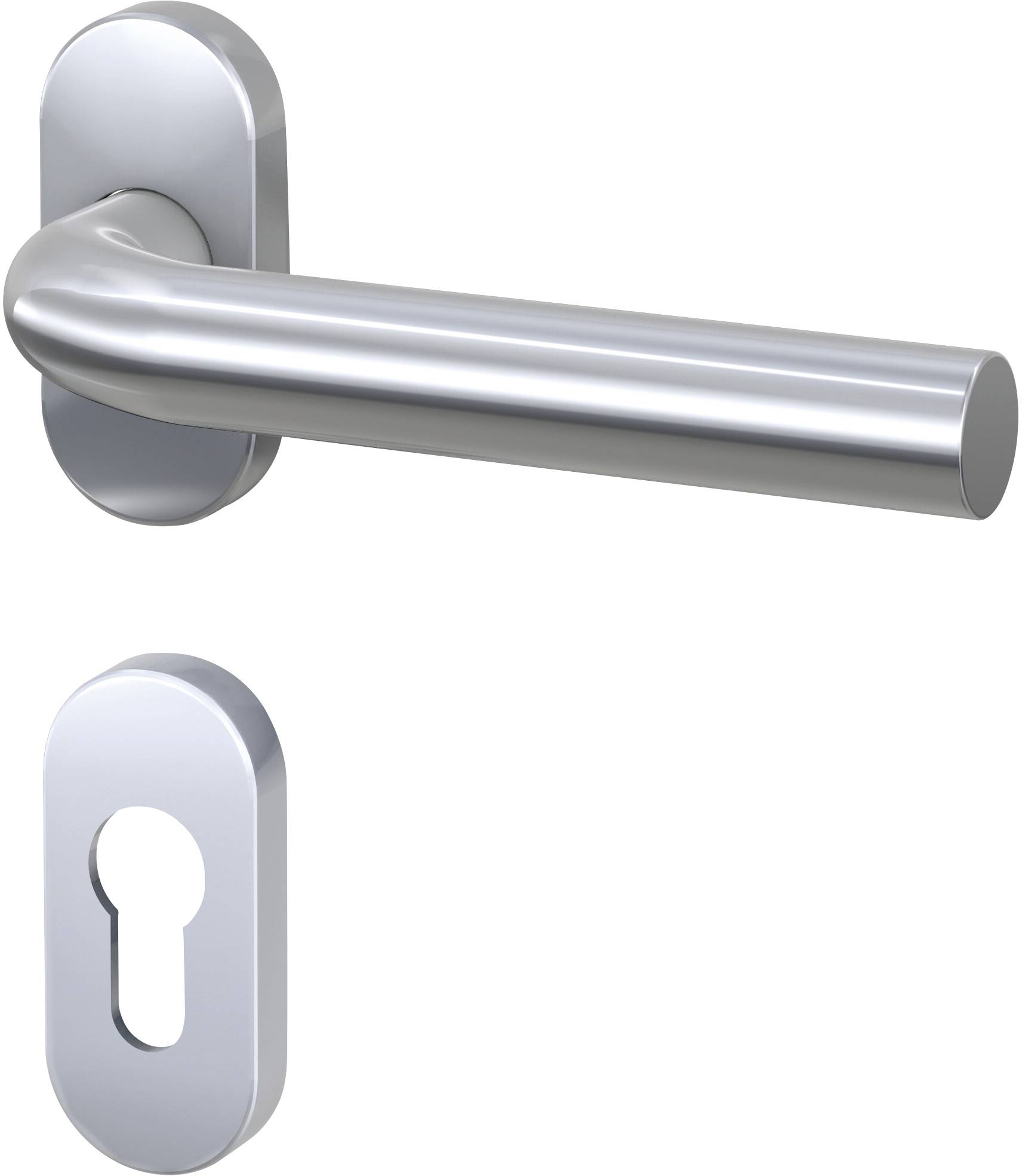 Zilveren deurklink met bijpassende sleutelrozet, modern design.