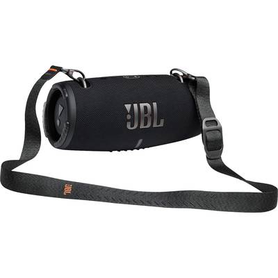 Draagbare zwarte luidspreker met draagriem en JBL-logo. Ideaal voor muziek onderweg.