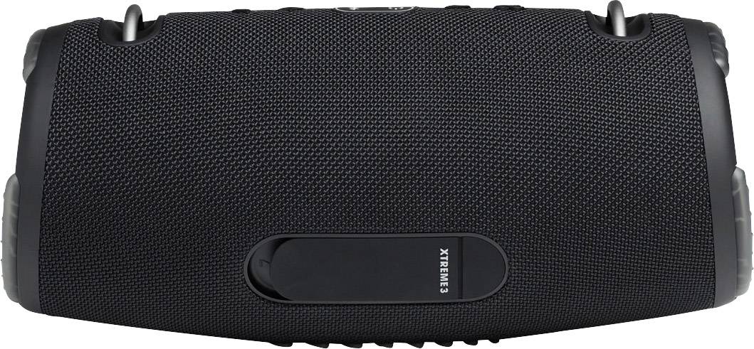 Een draagbare, zwarte Bluetooth-speaker met rechthoekige vorm en zijdelingse knoppen; geschikt voor draadloze muziekweergave.