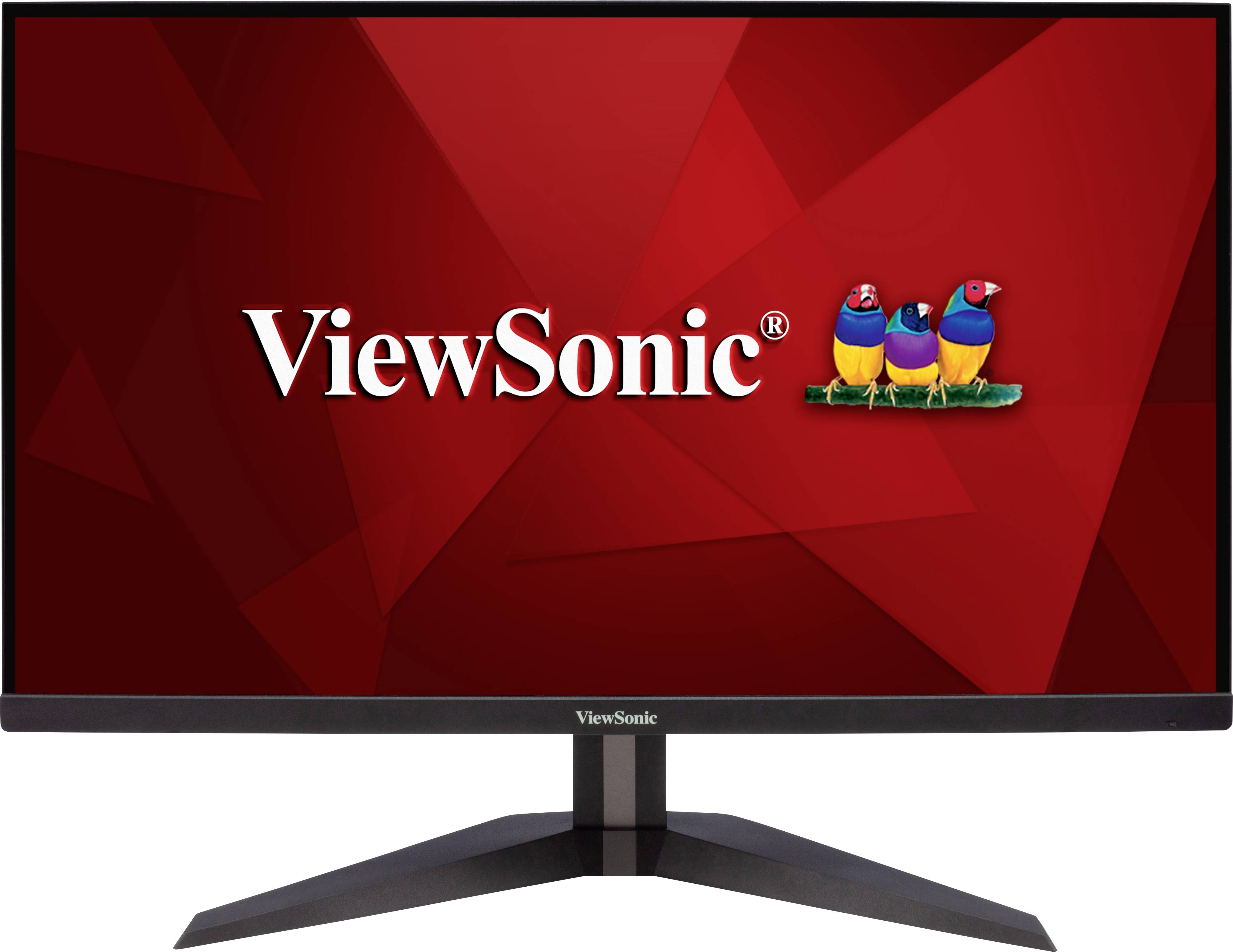 Een computermonitor met een zwarte rand toont het logo 'ViewSonic' en drie kleurrijke vogels voor een rode achtergrond.