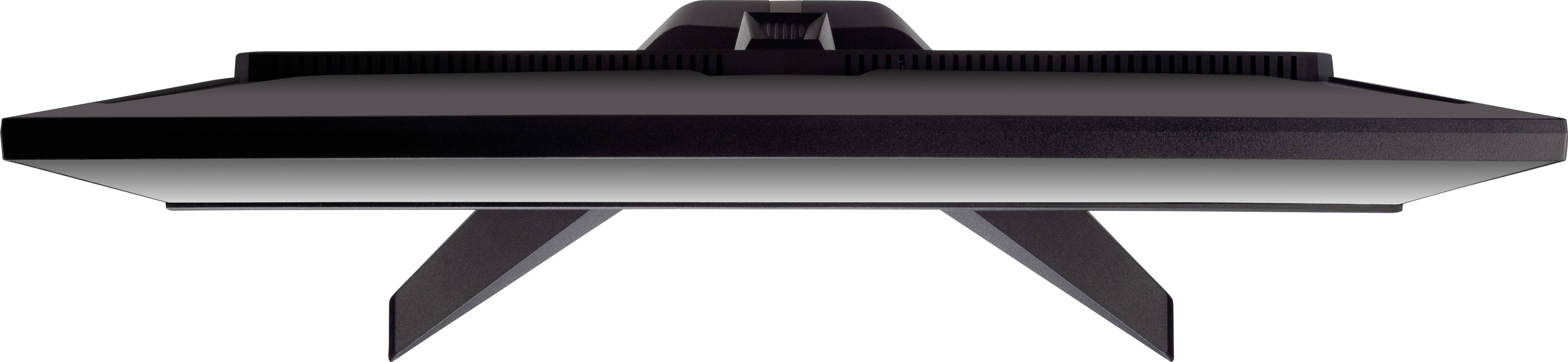 Een platte beeldscherm gezien van opzij, staand op een standaard. De afbeelding toont de slanke en moderne constructie van de monitor.