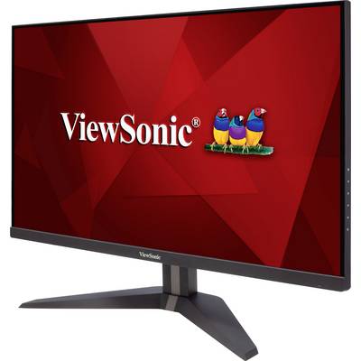 Een ViewSonic-computermonitor met een rode achtergrond en drie kleurrijke vogels in het logo op het scherm.
