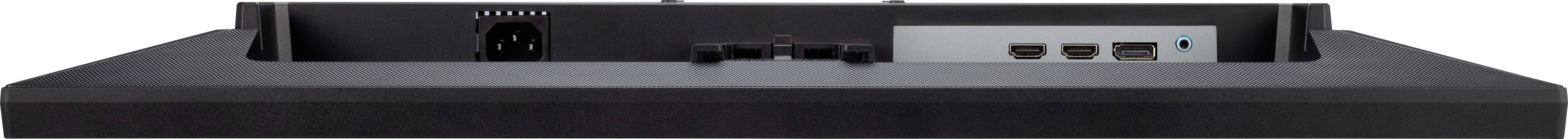 Een beeldscherm aansluitveld met meerdere aansluitingen: stroomaansluiting links, twee HDMI-aansluitingen rechts.