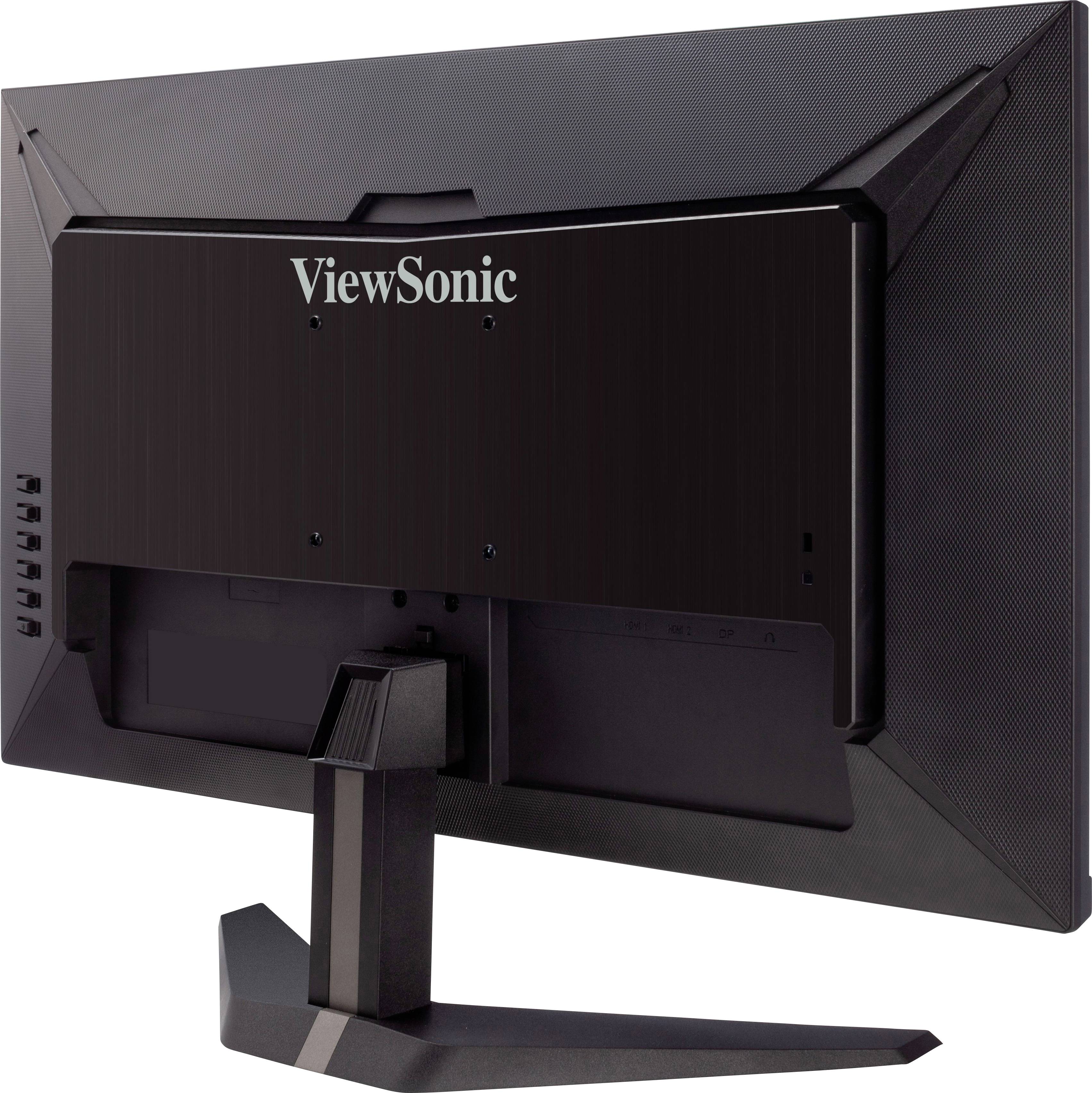 Een zwart computerscherm van ViewSonic, gezien van achteren, toont de stabiele standaard en slanke constructie.