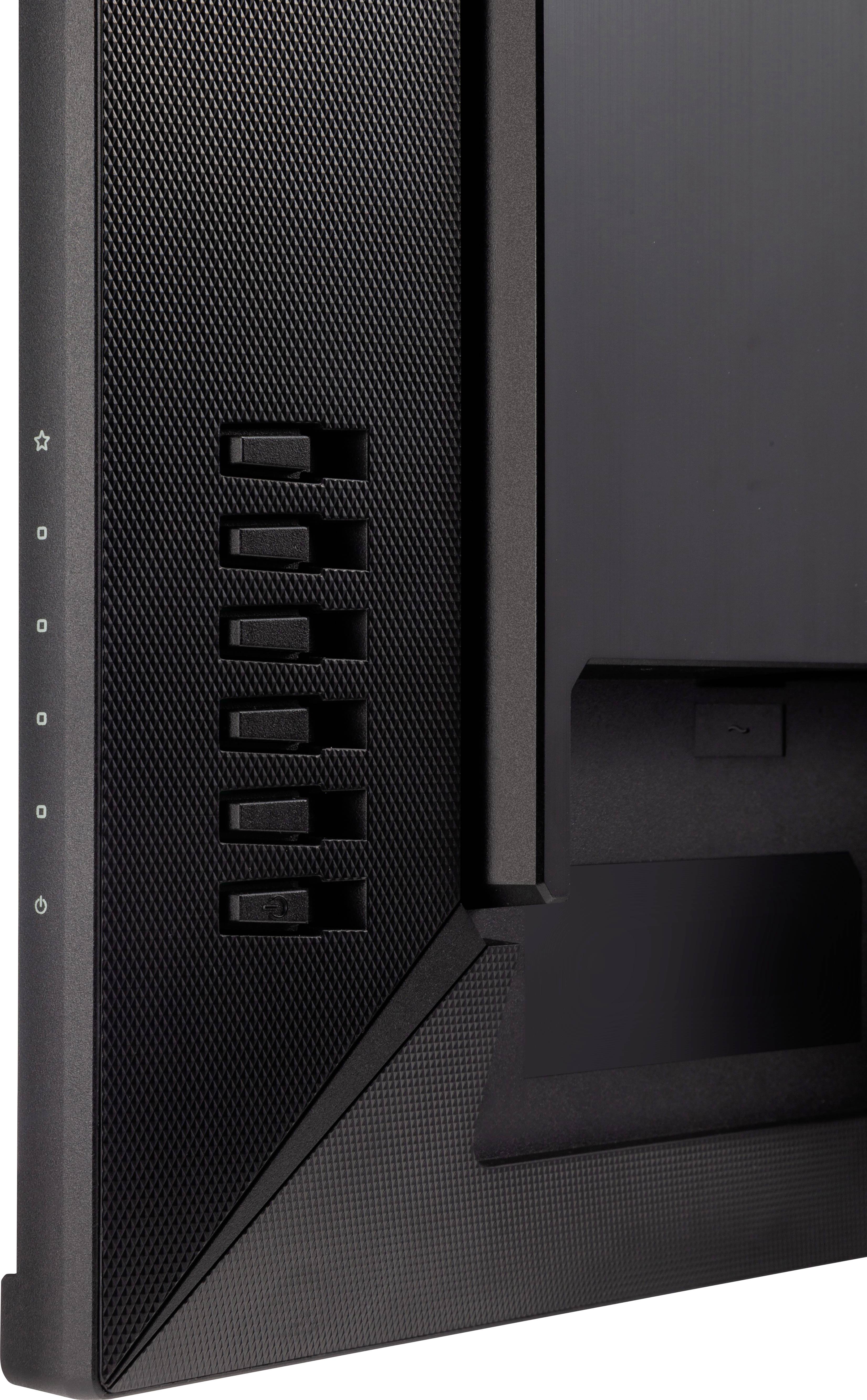 Zijaanzicht van een monitor toont meerdere knoppen en symbolen. Modern schermframe met een gestructureerd design.