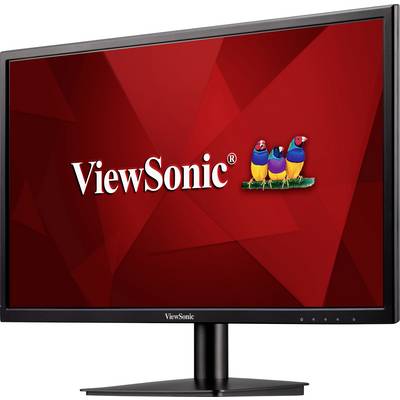 Een monitor van het merk 'ViewSonic' met een rode achtergrond en drie kleurrijke vogels als logo.