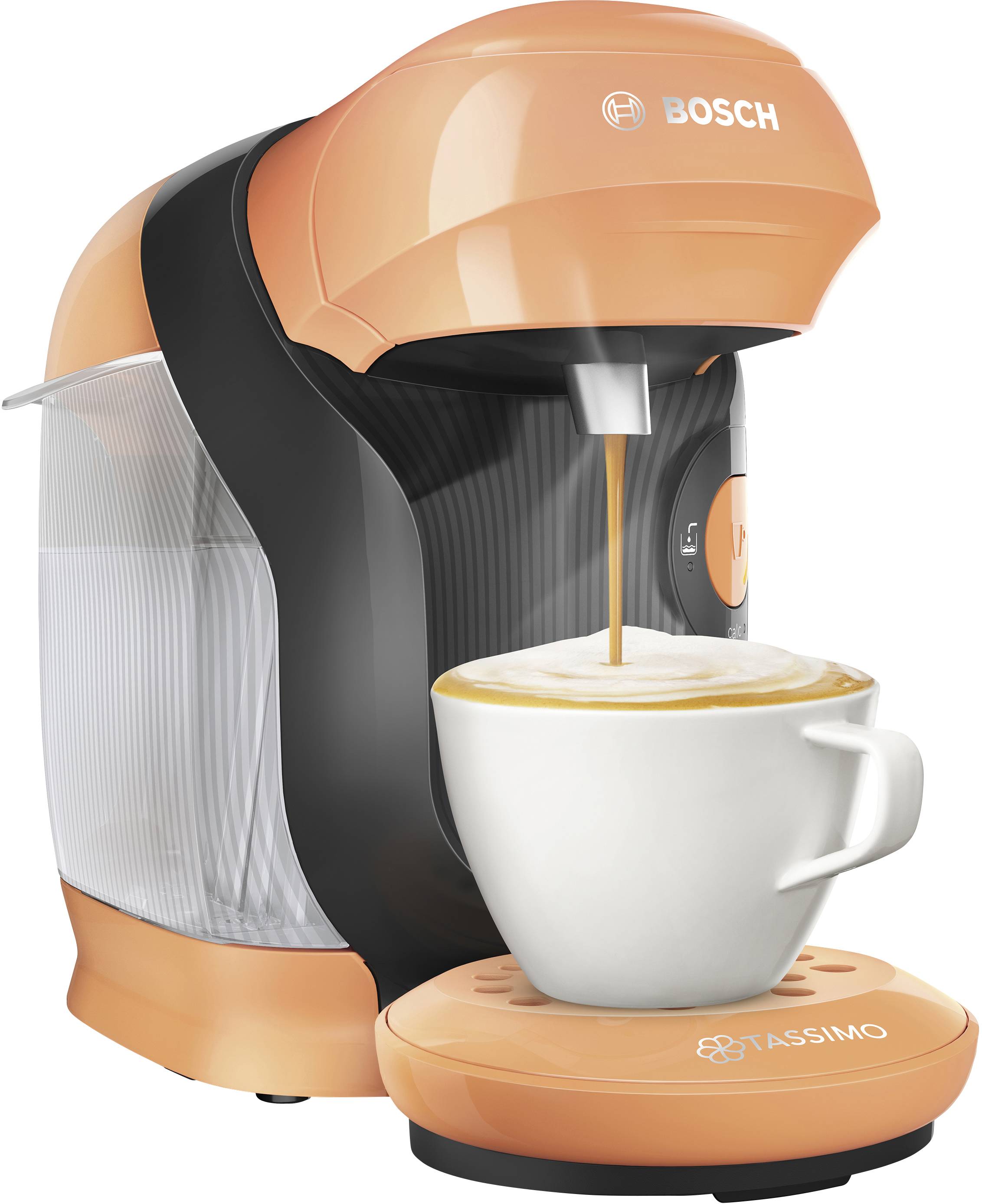 Een oranje-zwarte koffiemachine zet koffie in een witte mok.