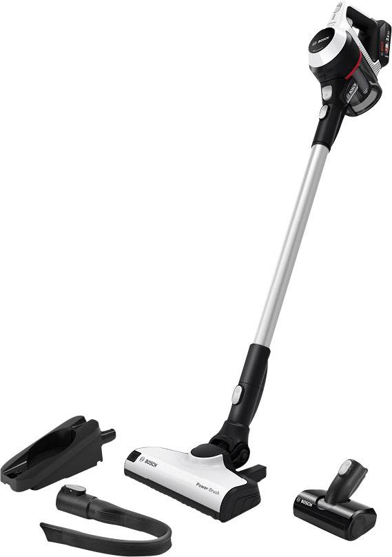 Draadloze stofzuiger met toebehoren: vloerzuigmond, kleine zuigkop, wandhouder. Ideaal voor flexibel schoonmaken in huis.