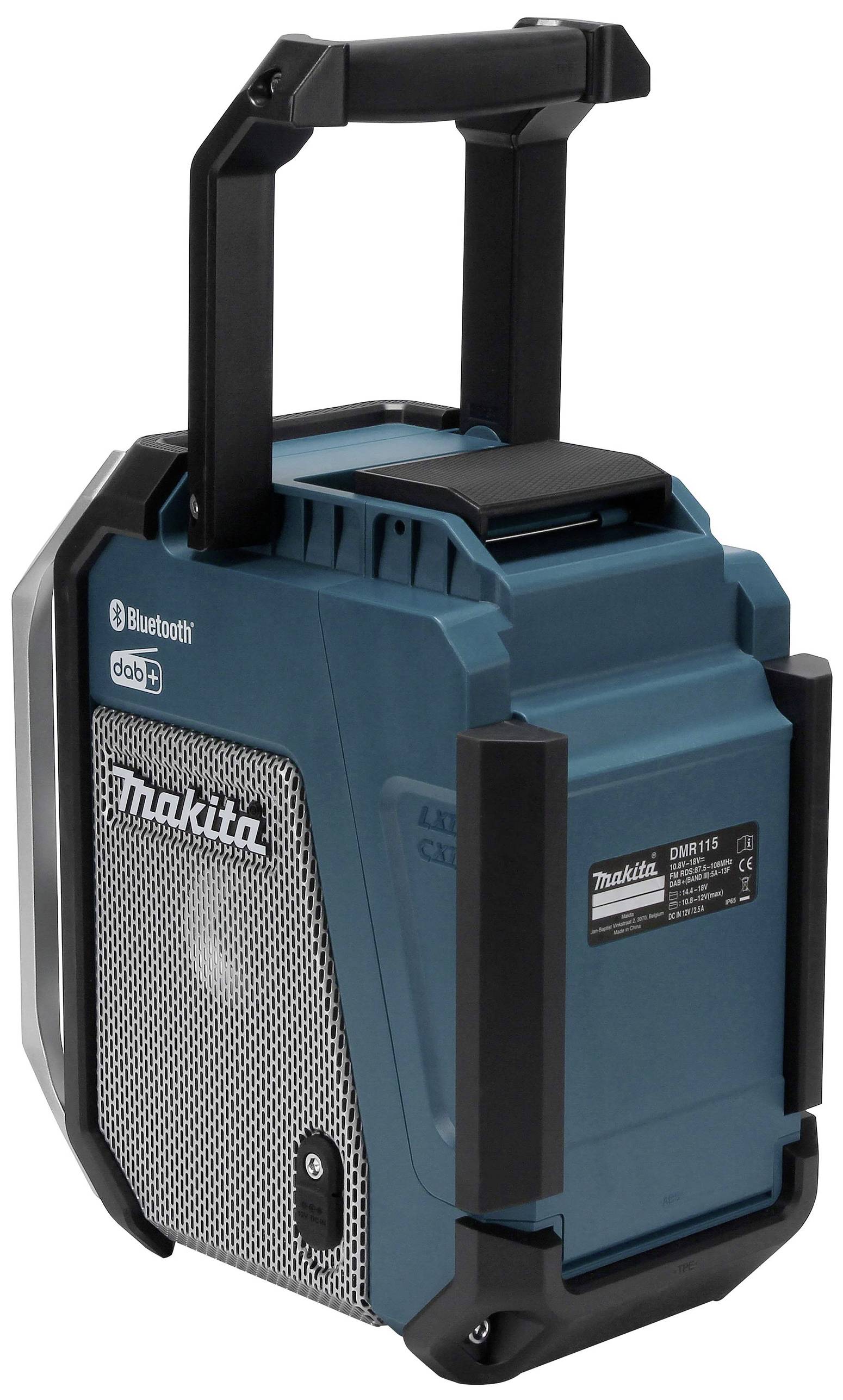 Een draagbare, blauwe Makita-werf-radio met robuuste behuizing, Bluetooth- en DAB+-functie. Ideaal voor gebruik op bouwplaatsen.