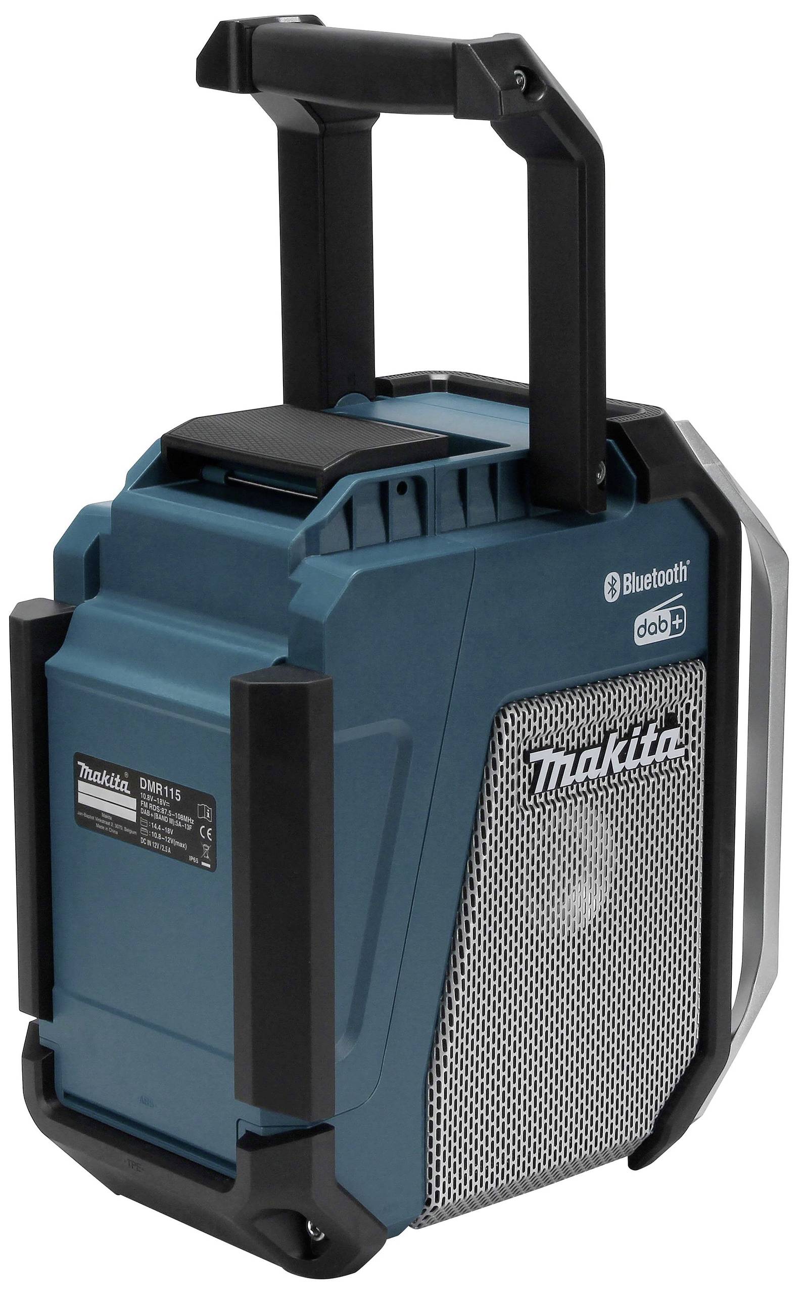 Draagbare, blauwe bouwradio met robuuste behuizing en Bluetooth-functie, geschikt voor zware werkomstandigheden.
