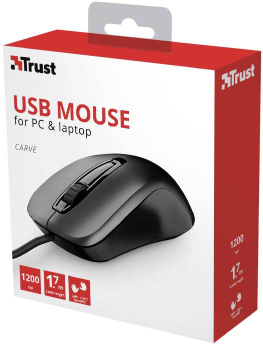 Verpakking van een Trust USB-muis met afbeeldingen van de muis en specificaties: 1200 dpi, 1,7 m kabel, geschikt voor PC en laptop.