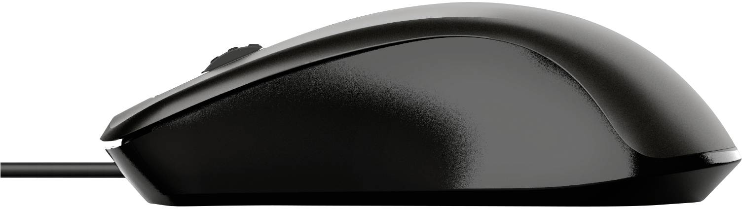Een zwarte computermuis met kabel, gezien van opzij, toont toetsen en scrollwiel zonder verdere bedieningselementen.