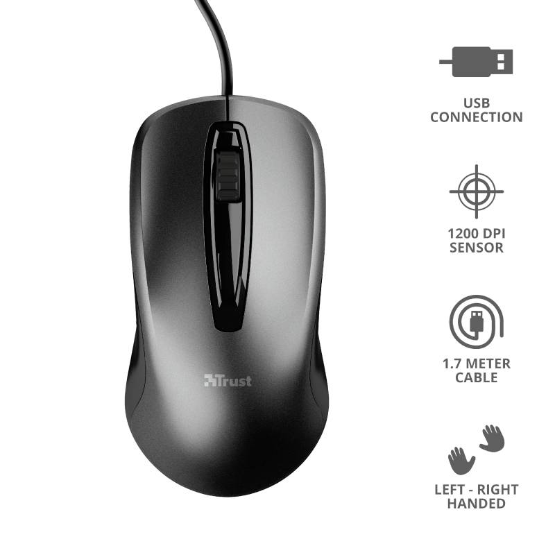Zwarte bekabelde computermuis met USB-aansluiting, 1200 DPI-sensor. Geschikt voor links- en rechtshandigen, kabel 1,7 meter lang.