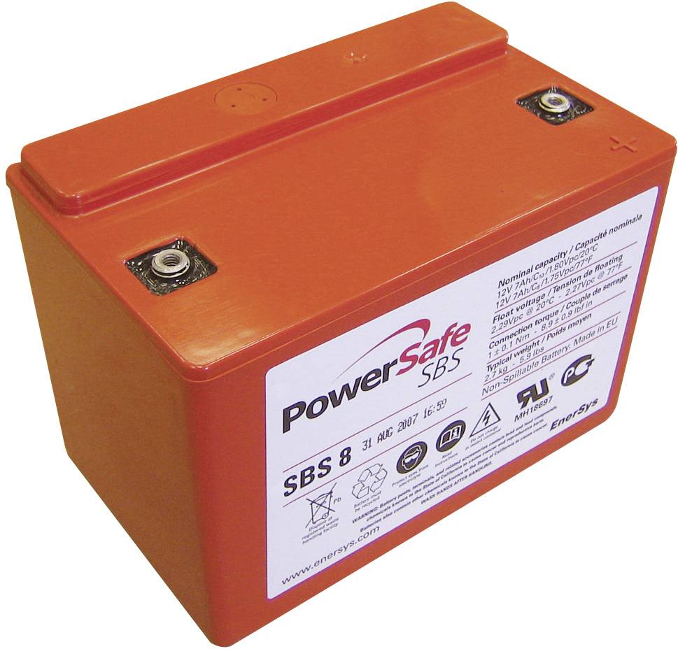 Rode batterij met de tekst 'PowerSafe SBS', technische specificaties en veiligheidssymbolen op het etiket.