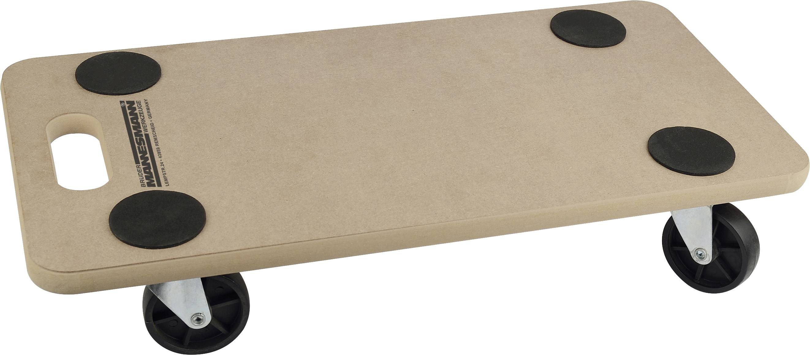 Houten transportroller met vier zwarte wielen en ronde rubber anti-slip matten. Geschikt voor het transporteren van lasten.