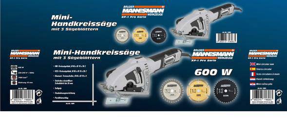 Verpakking van een mini-handcirkelzaag met 600 W en 3 zaagbladen. Productdetails en specificaties duidelijk weergegeven.