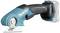 Accu-handgereedschap van Makita met mesopzetstuk, geschikt voor het snijden van verschillende materialen, toont een blauw-zwart design.