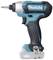Een blauw-zwarte Makita accuschroefmachine met een gemonteerde bit, zijaanzicht.