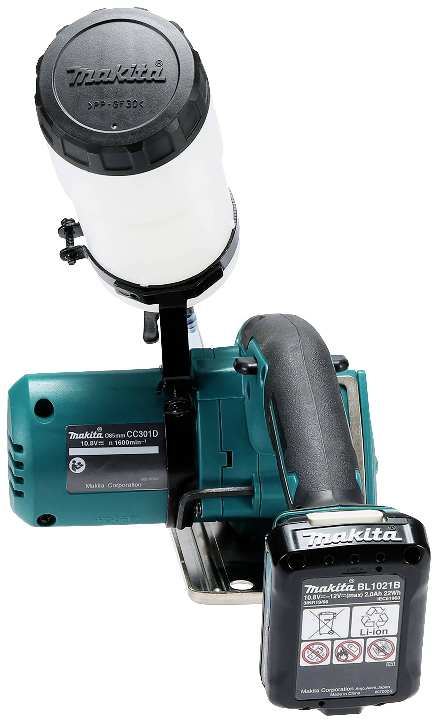 Makita accuschroevendraaier, model CC301D, met 10,8V accu, geschikt voor precisiewerk. Hoofdkleur: Turquoise.