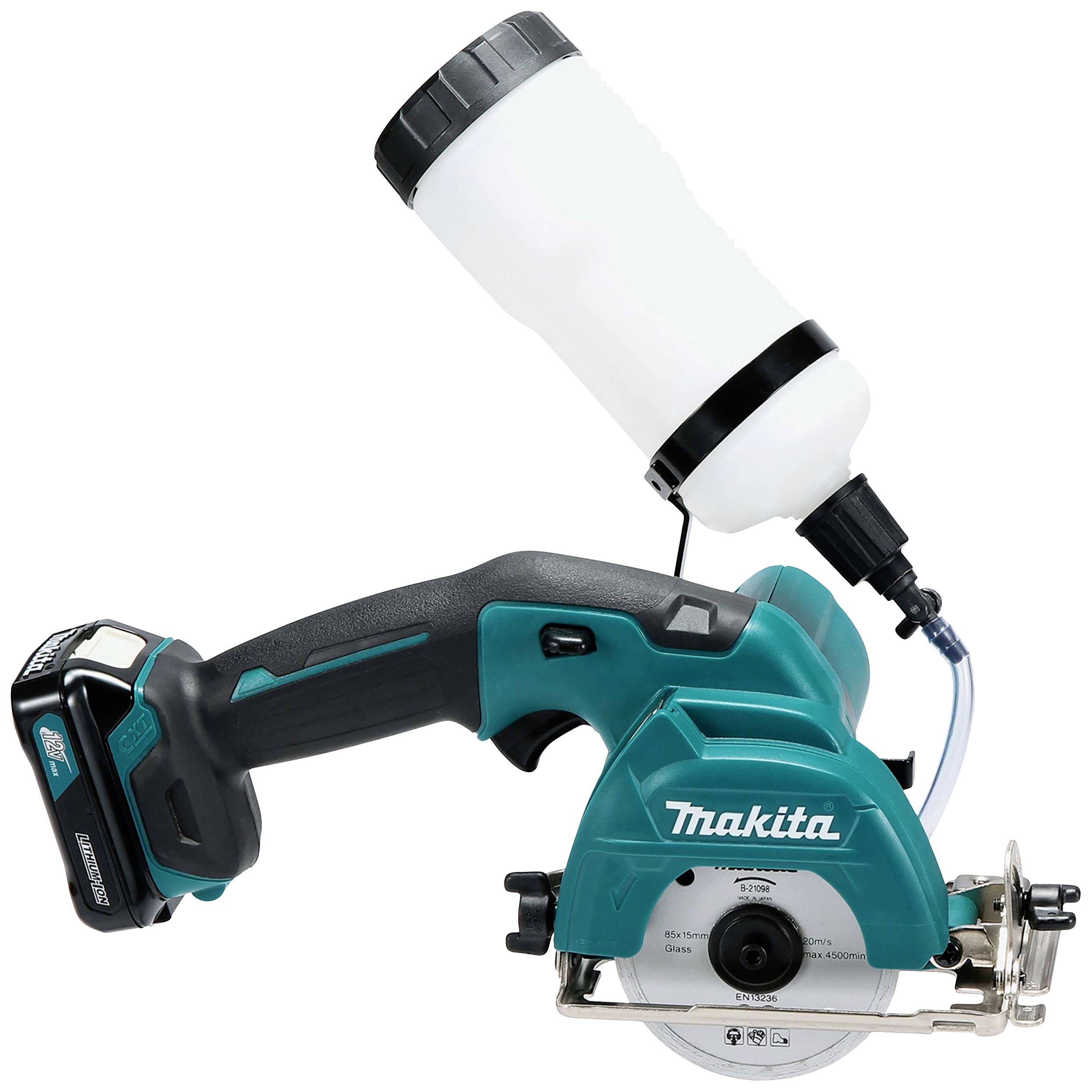 Makita cirkelzaag met waterkoeling, draadloos, compact gebouwd, ideaal voor precisiewerk.