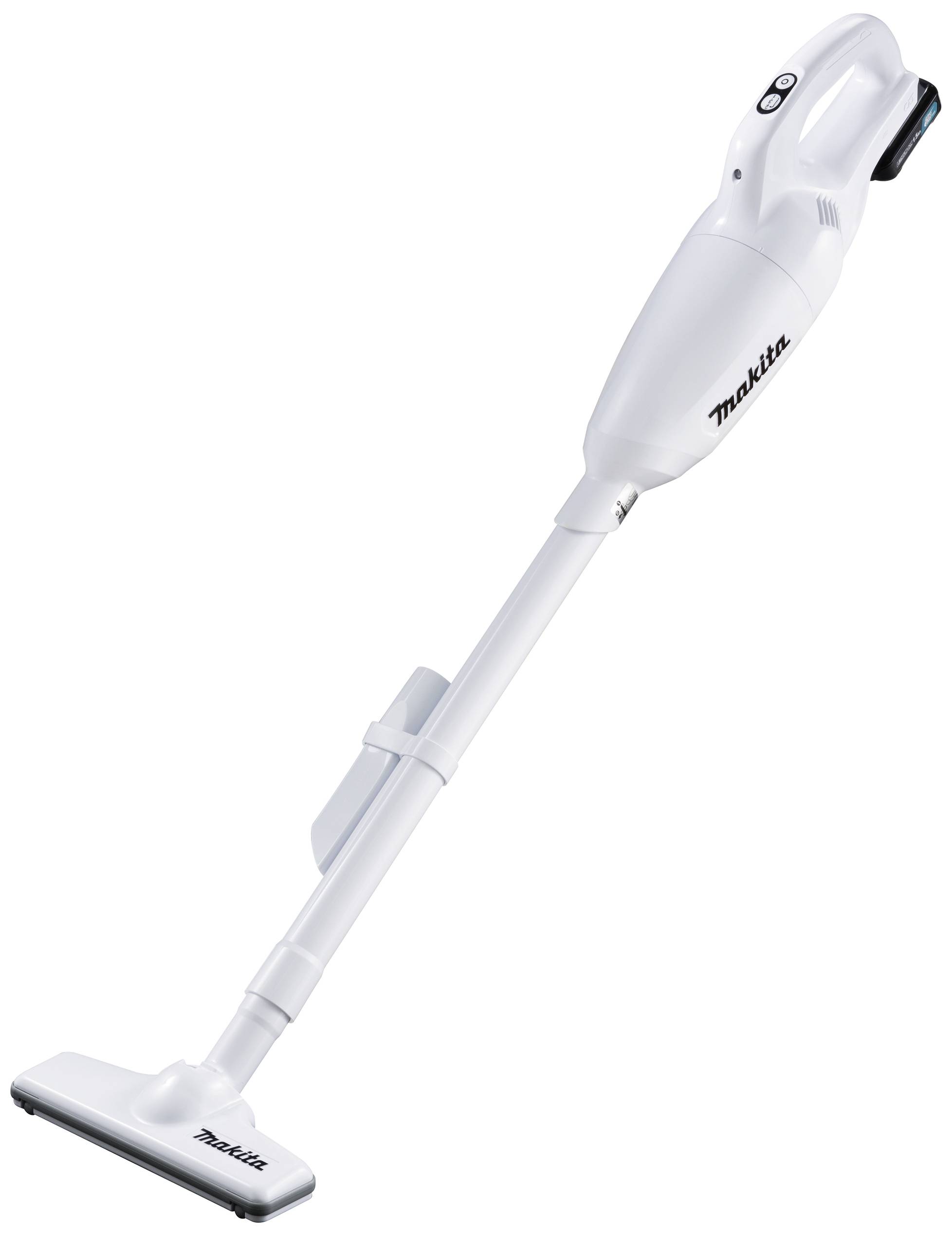Draadloze witte handstofzuiger van het merk Makita, in diagonale positie. Geschikt voor lichte schoonmaakwerkzaamheden in huis.