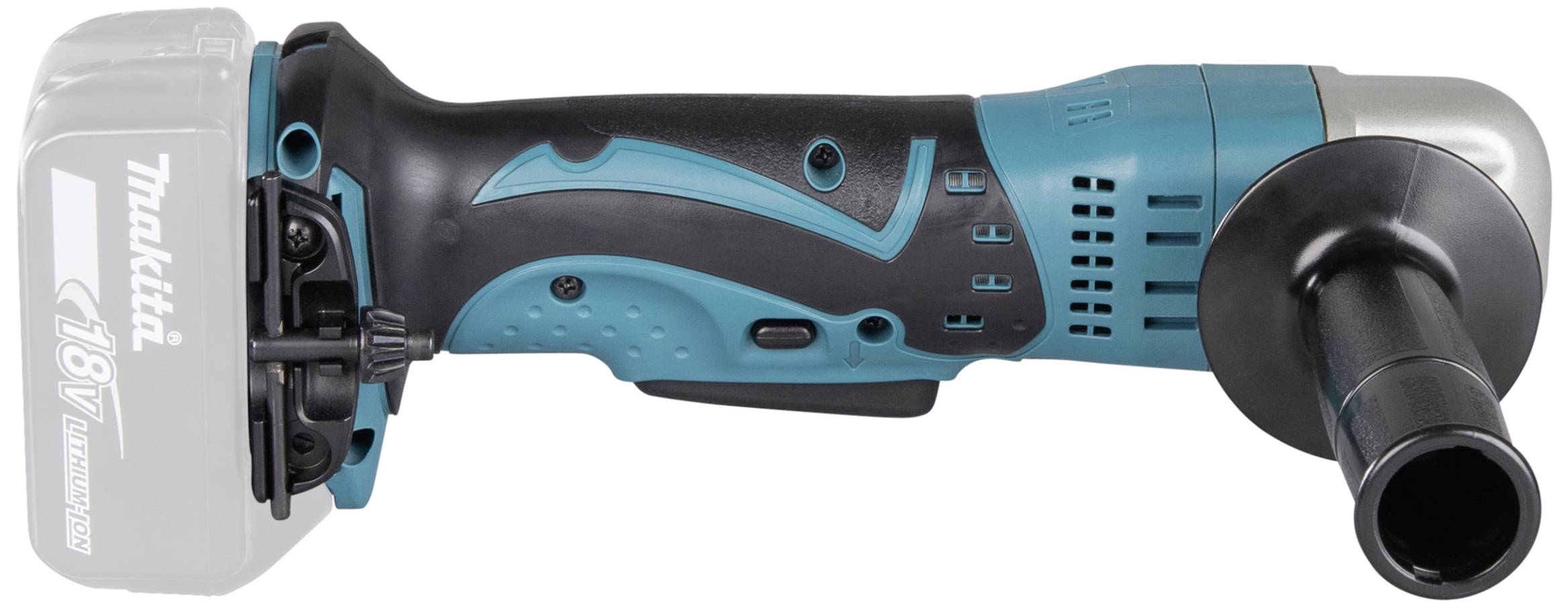Accugevoed haaksslijpmachine met blauw-zwarte handgreep en afneembare beschermkap. Geschikt voor snij- en slijpwerkzaamheden.