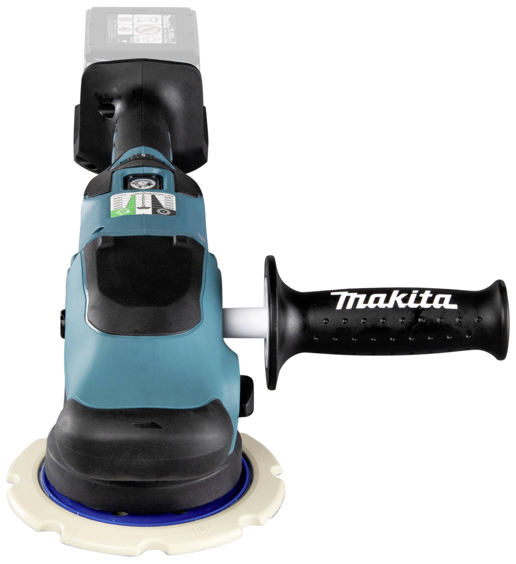 Accu-aangedreven Makita polijstmachine in blauw met zwarte handgreep, geschikt voor het polijsten van oppervlakken.
