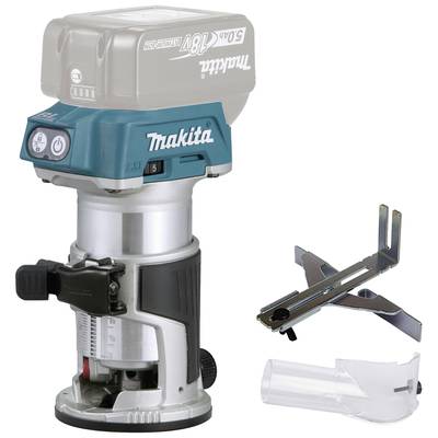 Accu-kantenfrees van Makita met transparante stofafzuigaansluiting en parallelgeleider. 18V, modelnummer DRT50ZJX2.