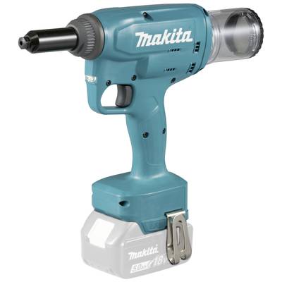 Een draadloos, blauw-groen 18-volt accuschietgereedschap voor blinde klinknagels met een ergonomische handgreep en een verwijderbare stofopvangbak.