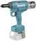 Een draadloos, blauw-groen 18-volt accuschietgereedschap voor blinde klinknagels met een ergonomische handgreep en een verwijderbare stofopvangbak.