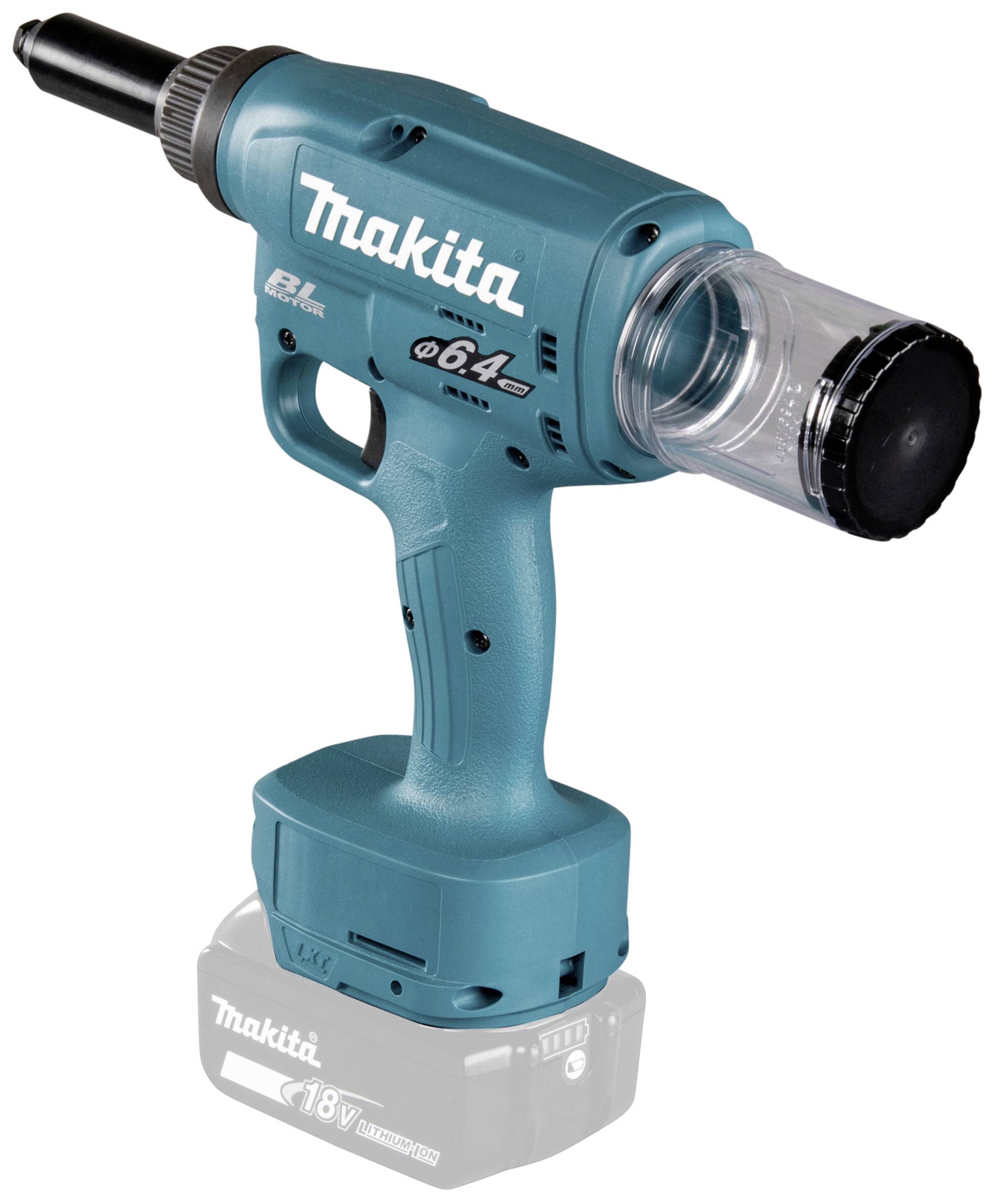 Accugevoed blindklinknageltang in blauw van Makita, model 18V. Geschikt voor professionele toepassingen in de metaalbewerking.