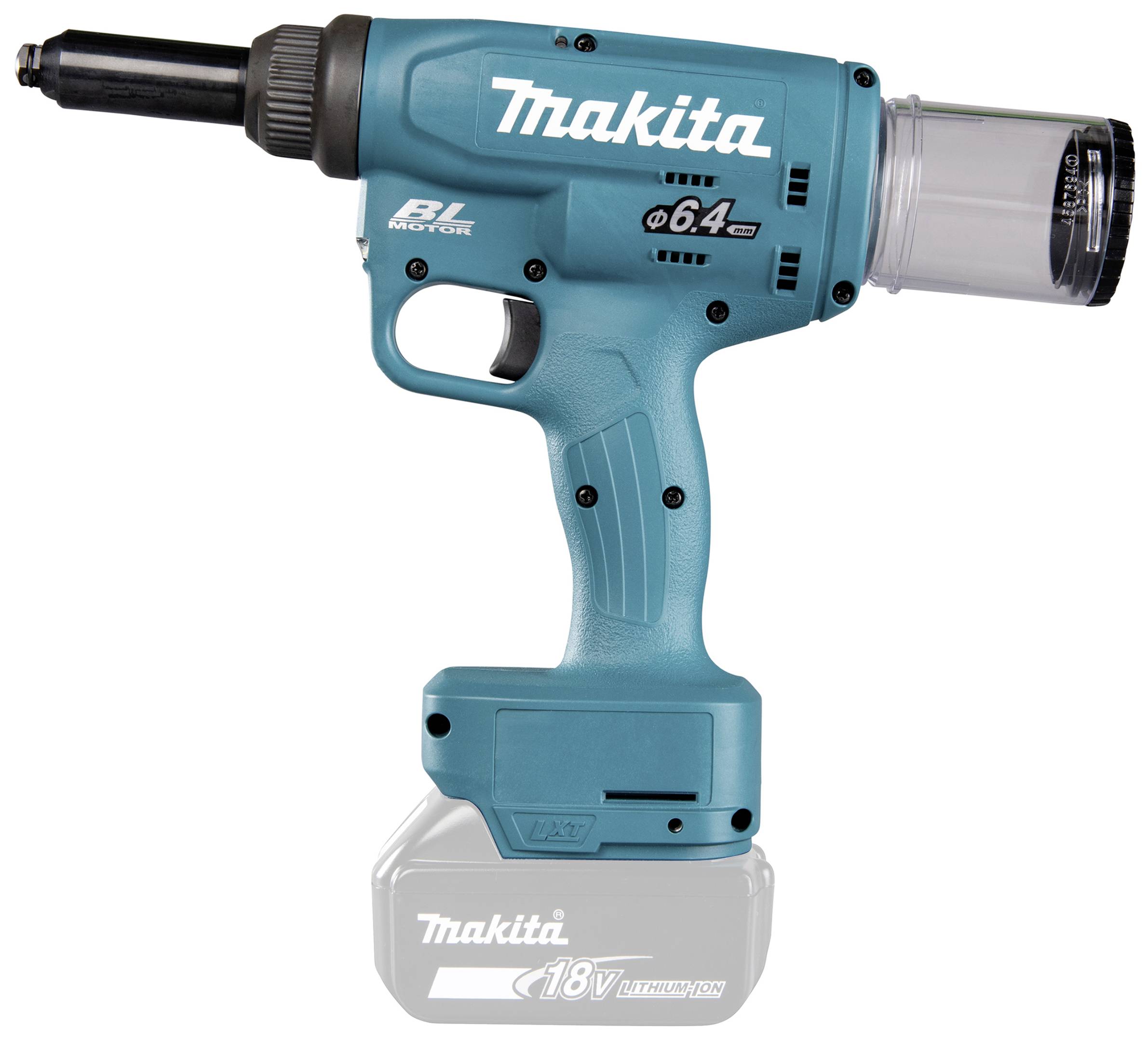 Een draadloze, blauwe Makita nietmachine toont een zijaanzicht. Opvallend zijn het merk en het 18V lithium-ion accupakket.