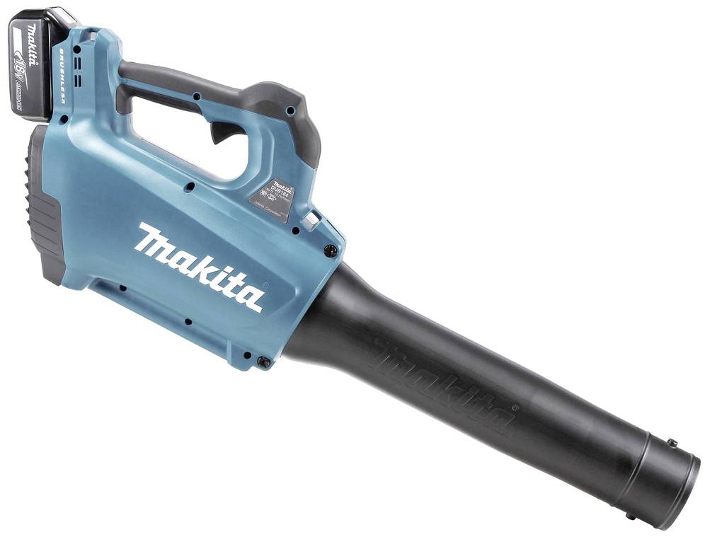 Accu-bladblazer van Makita met blauwe behuizing en zwarte buis, geschikt voor tuinwerkzaamheden en bladverwijdering.
