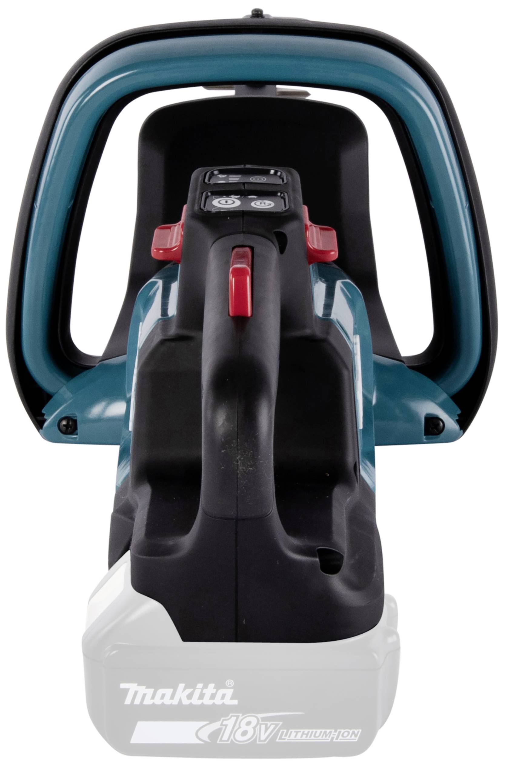 Draadloze Makita 18V kettingzaag in zwart en groen, zonder zaagblad en ketting, van voren afgebeeld.