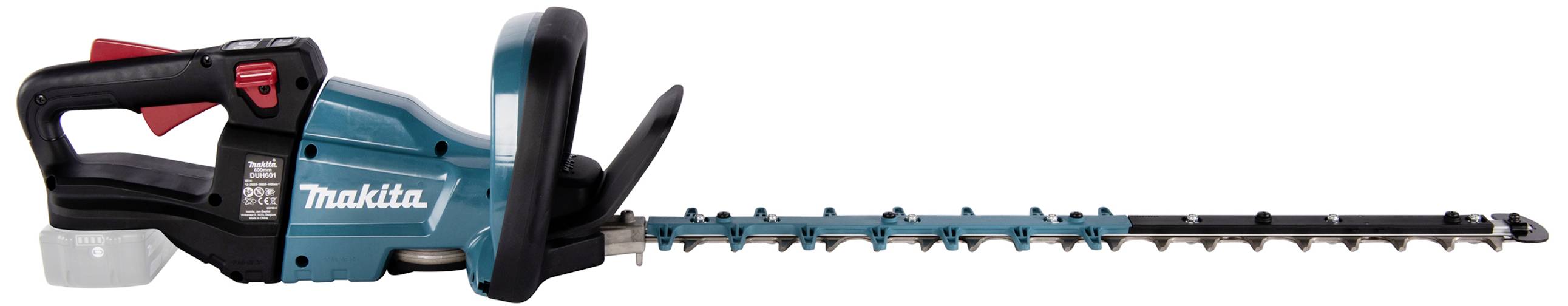 Accugedreven heggenschaar met lang snijblad, ergonomische handgreep en veiligheidsschakelaar, geschikt voor efficiënt hegknippen.