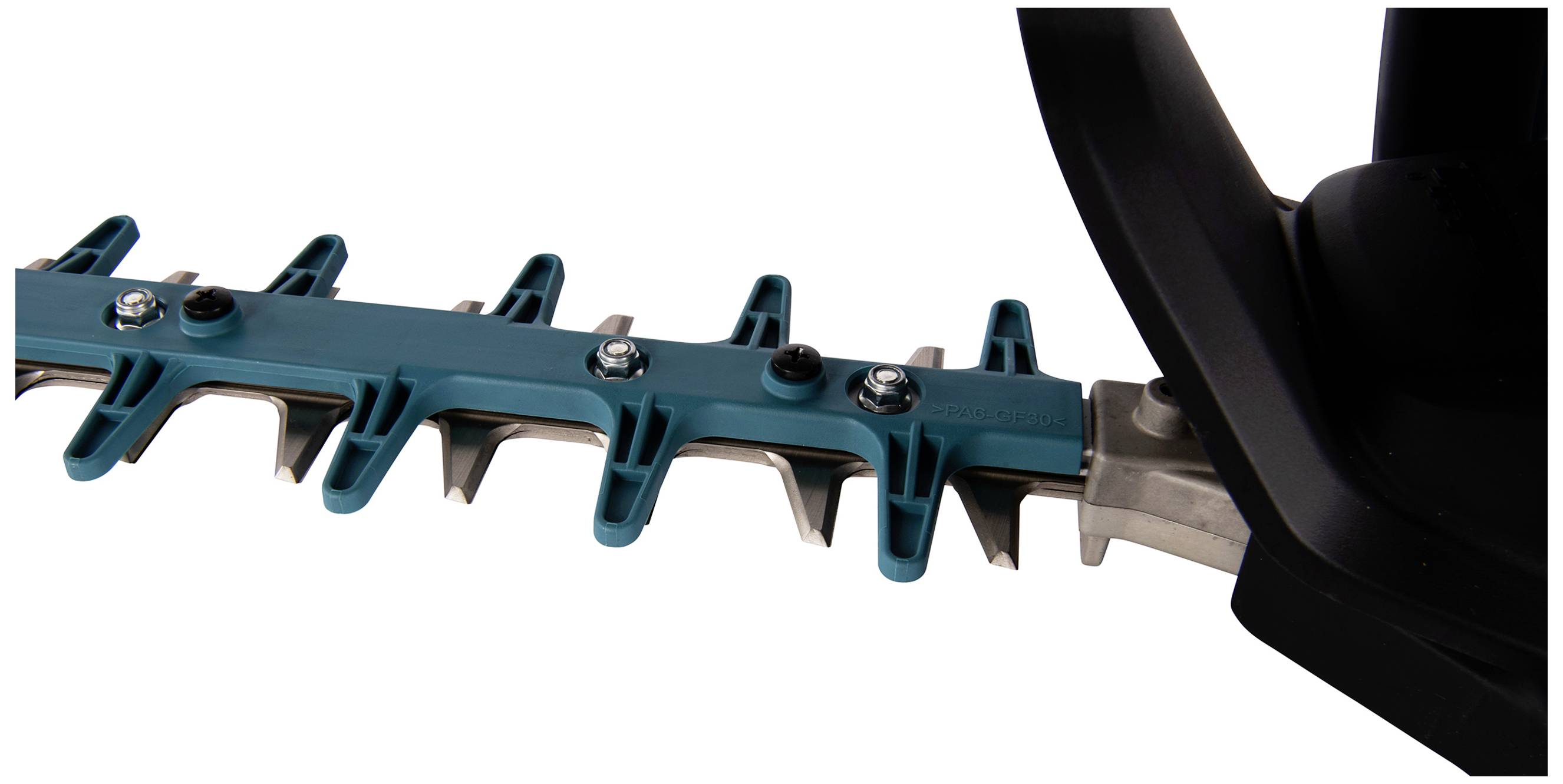 Close-up van een blauwe heggenschaar die het ontwerp van de messen laat zien. Geschikt voor het knippen van struiken en kleine takken.