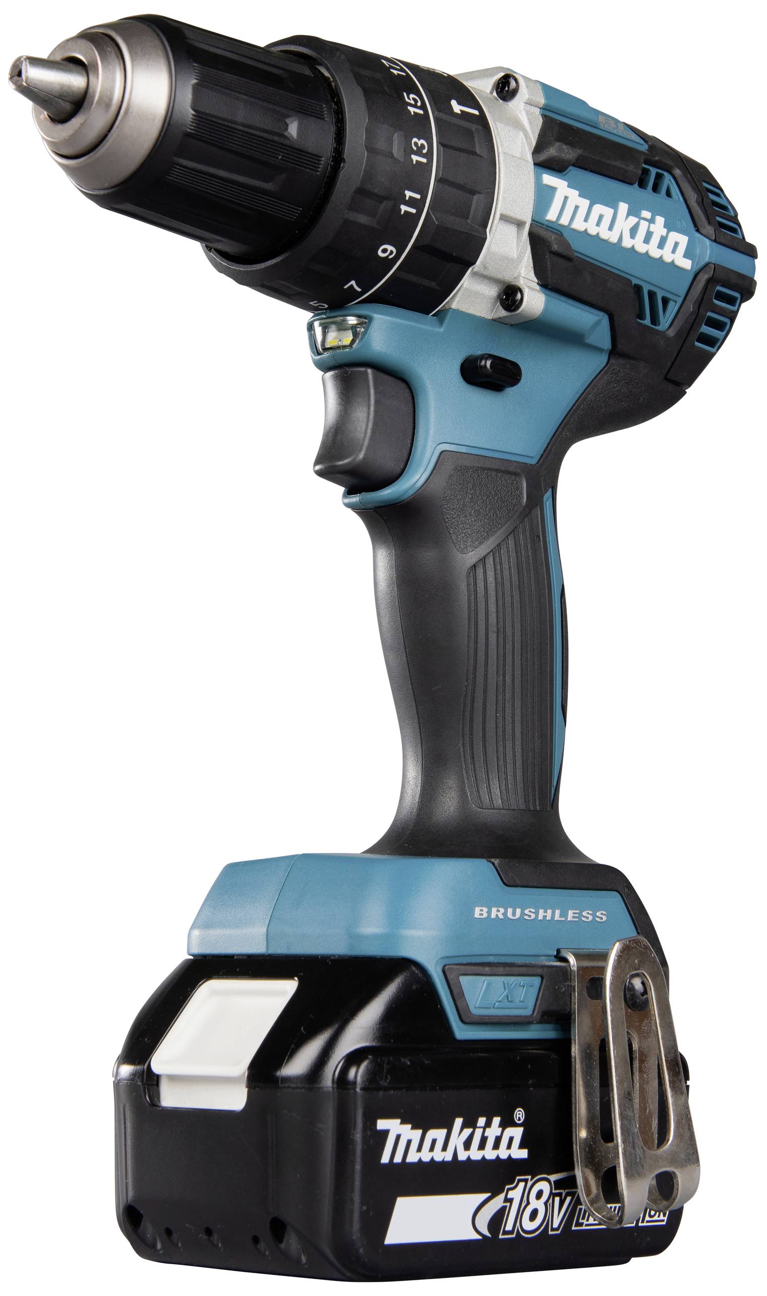 Een accuboormachine in blauw en zwart van het merk 'Makita', met 18V-accu en borstelloze motor.