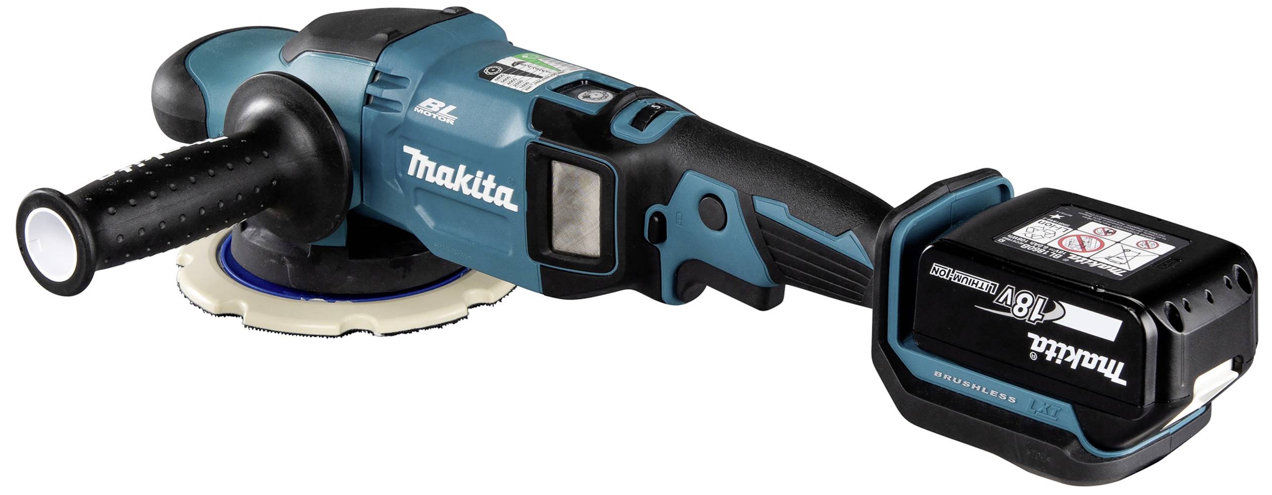 Een draadloze, blauwe haakse slijper met zwarte handgreep en geplaatste accu van Makita.