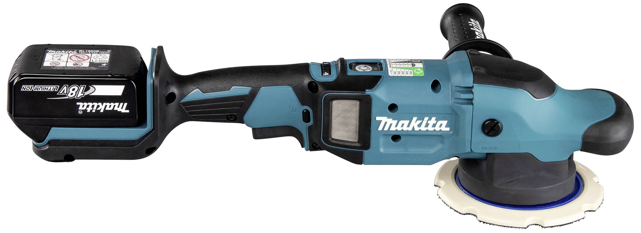 Draadloze polijstmachine van Makita, blauw en zwart, met accueenheid. Gebruikt voor het polijsten van oppervlakken.