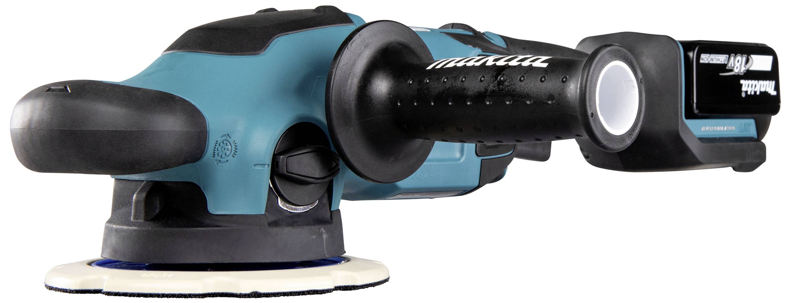 Een turquoise elektropolijstmachine met zwarte handgreep en een rond polijstpad, gepositioneerd op een witte ondergrond.