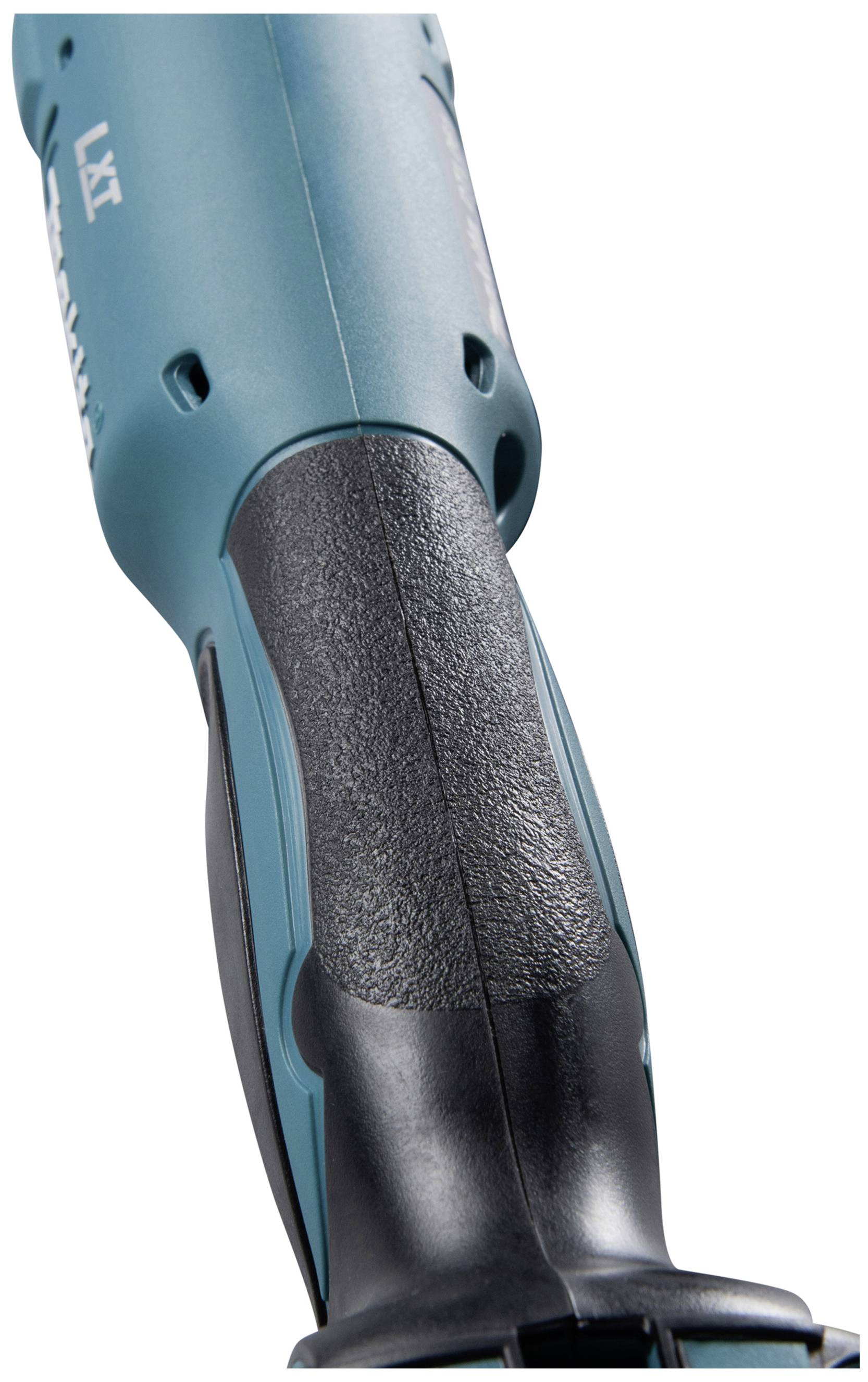 Een close-up van een blauwe, draadloze elektrisch gereedschapsgreep. De greep is ergonomisch ontworpen en heeft een zwarte rubberen coating voor een betere grip.