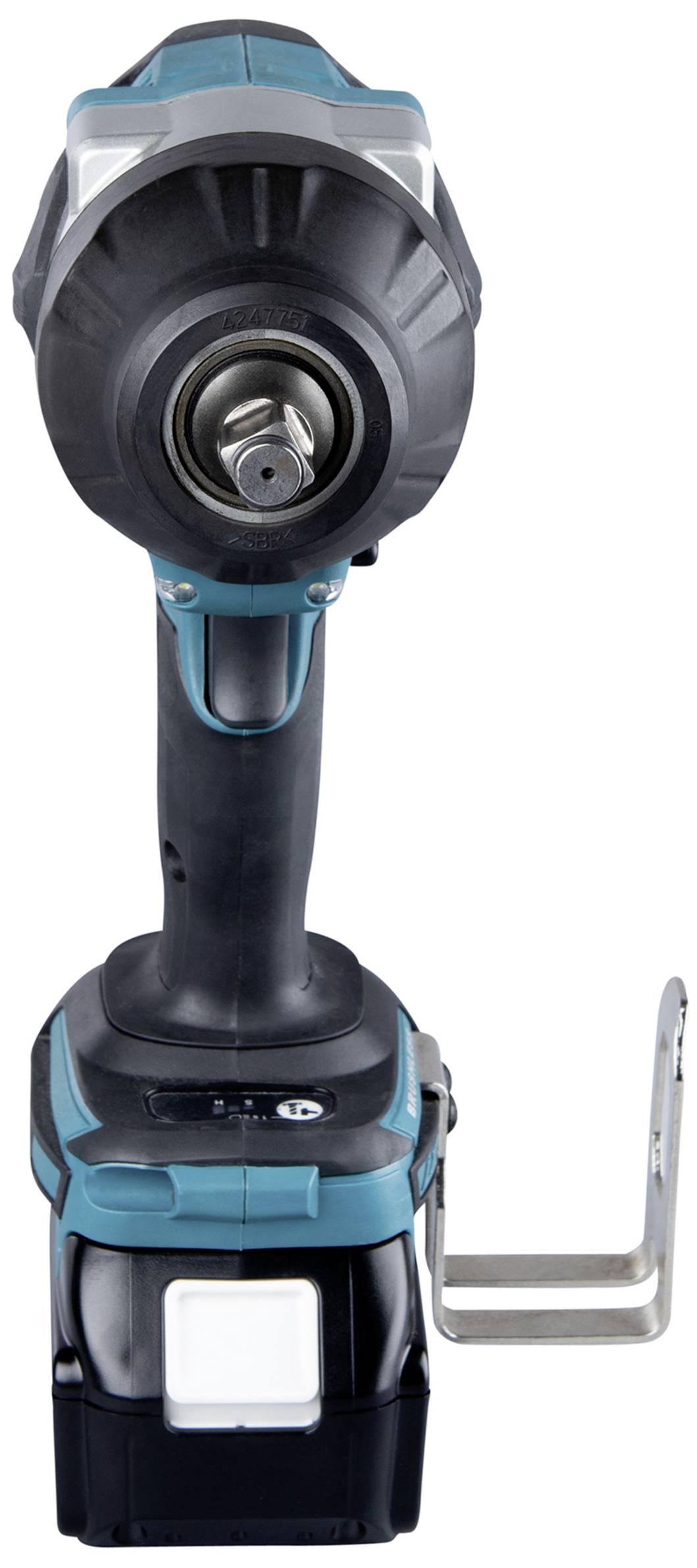 Een draadloze accuschroefmachine in blauwe en zwarte kleur, frontaal afgebeeld. Het apparaat heeft een ergonomische handgreep en metalen houder.