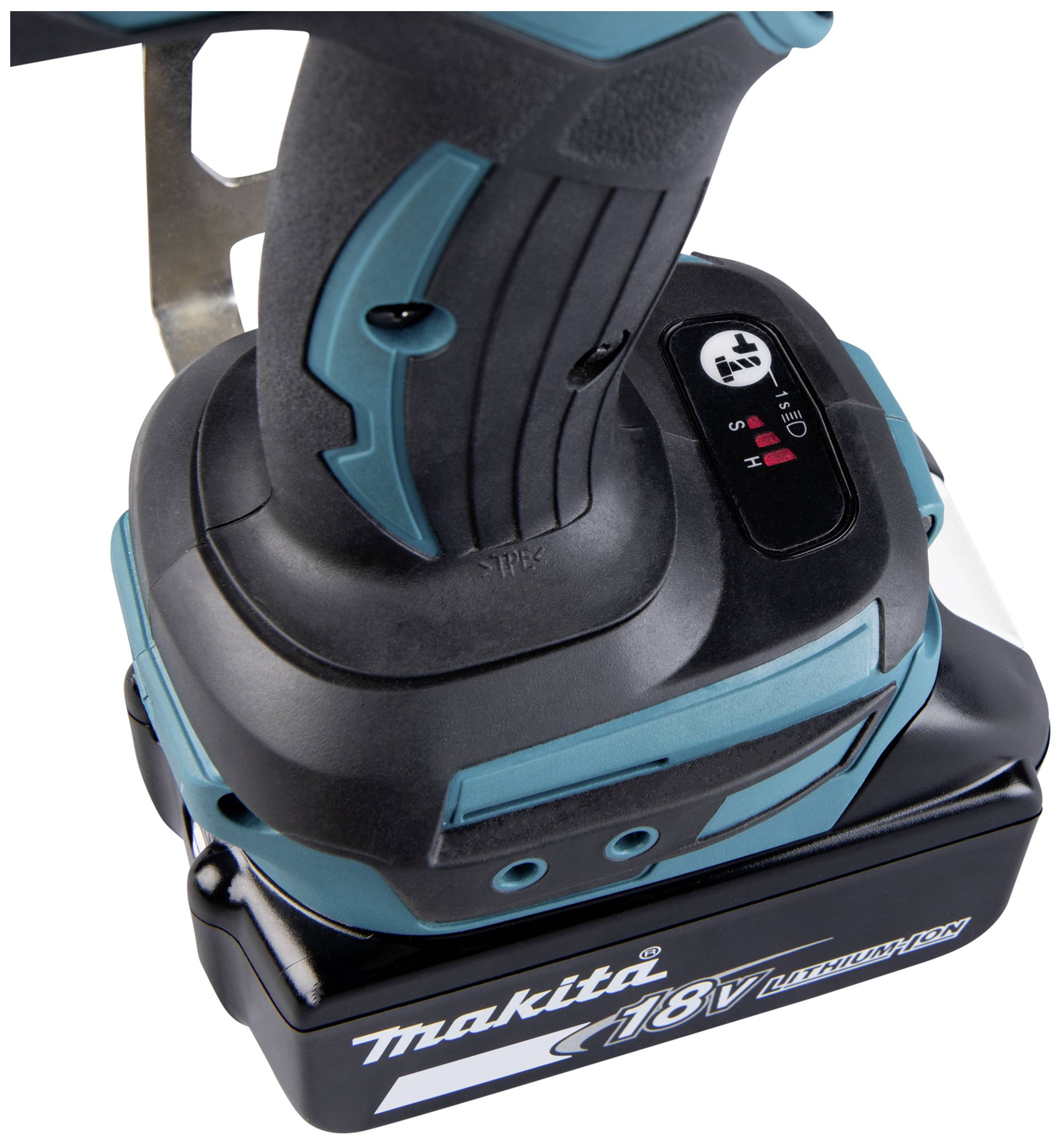 Een accuschroefboormachine met een 18V lithium-ion accu. Hij heeft een ergonomische handgreep en een laadstatus-indicator.