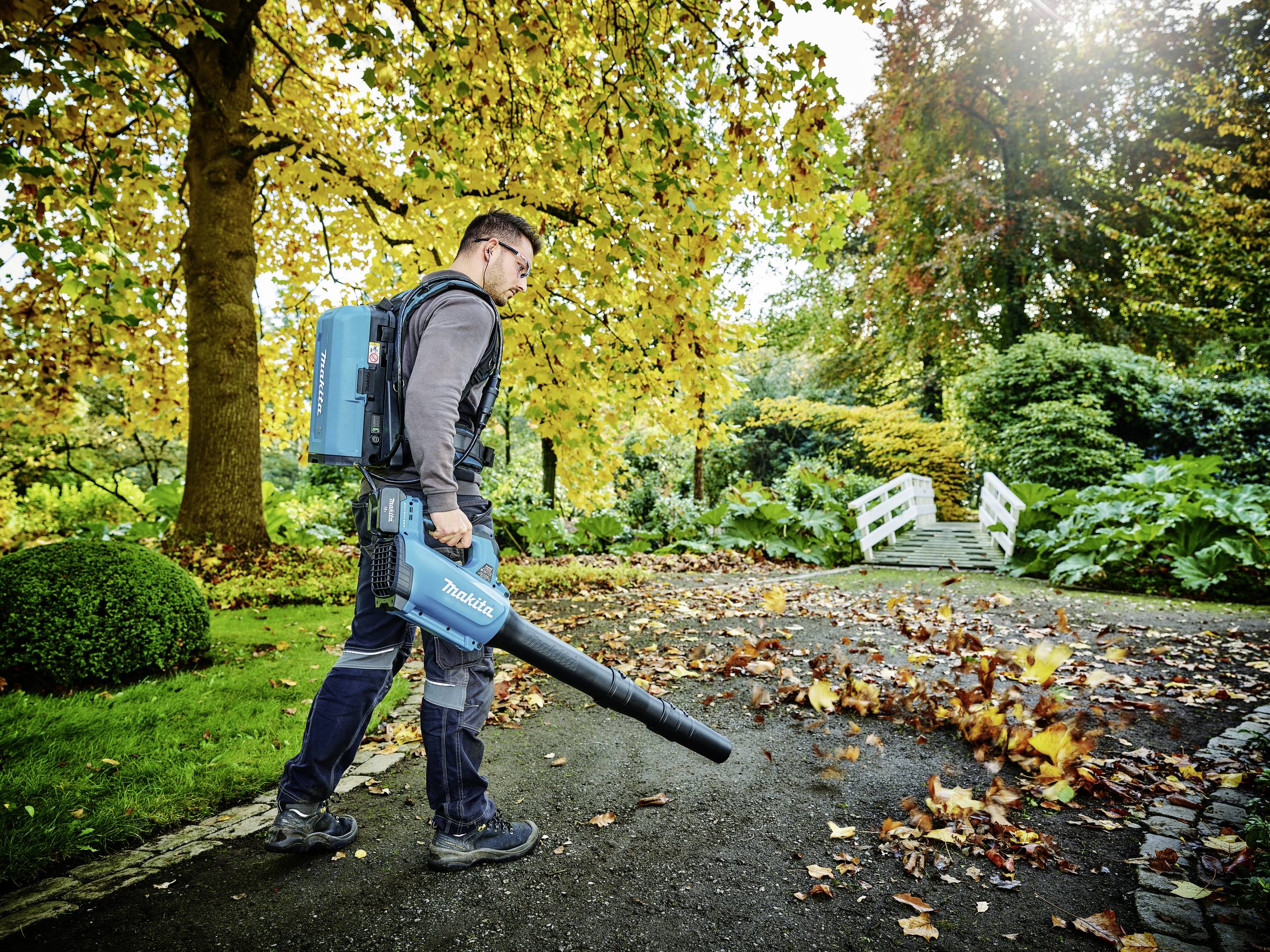 Een man gebruikt een bladblazer in een herfstelijke tuin. Bladeren worden van een pad weggeblazen. Op de achtergrond zijn bomen en struiken.