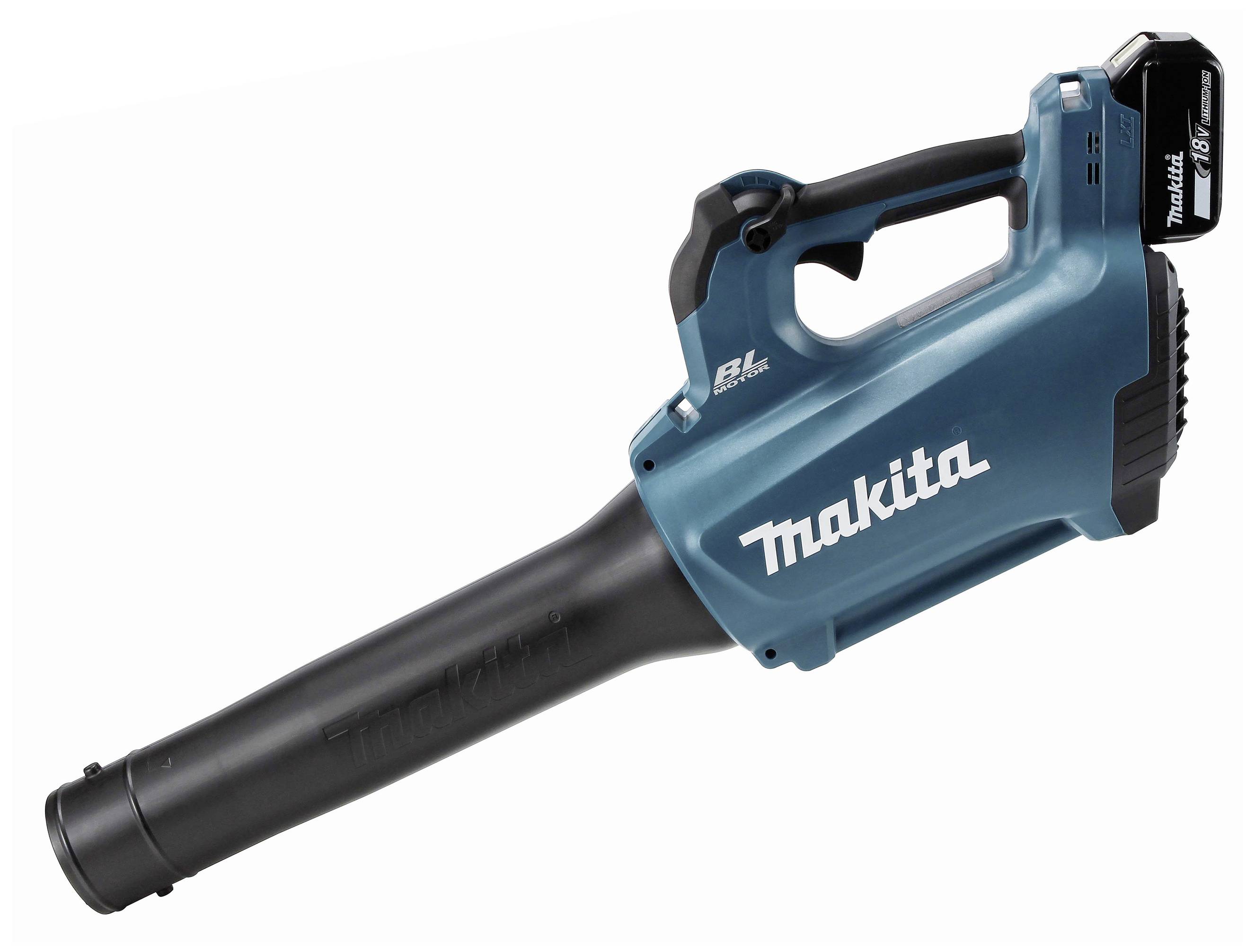Accu-bladblazer van Makita met een blaue behuizing en zwarte uitblaaspijp, geschikt voor het verwijderen van bladeren in de tuin.