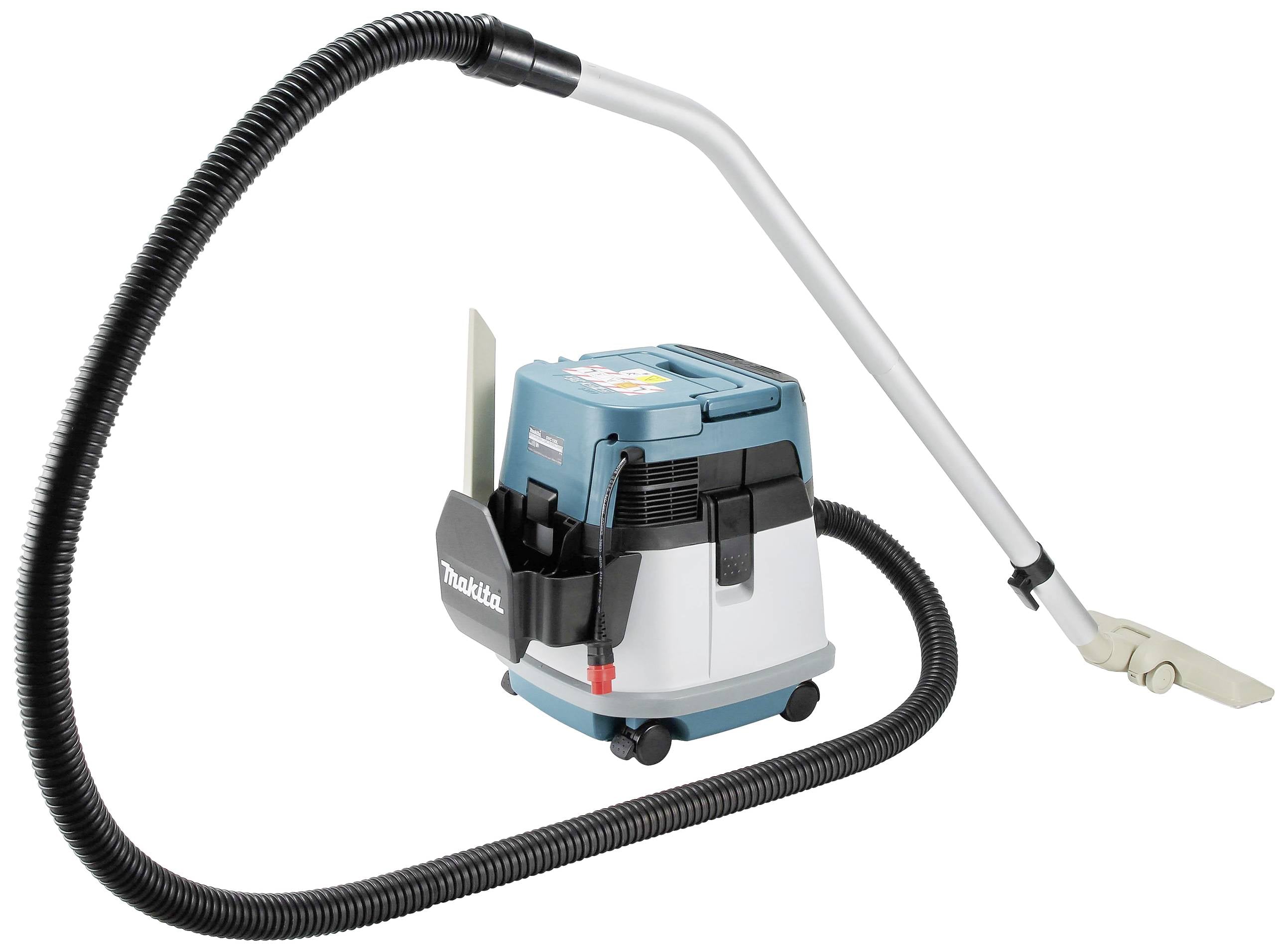 Een draagbare stofzuiger met een lange zuigslang in blauw en zwart, uitgerust met handgrepen en wielen voor gemakkelijke verplaatsing.