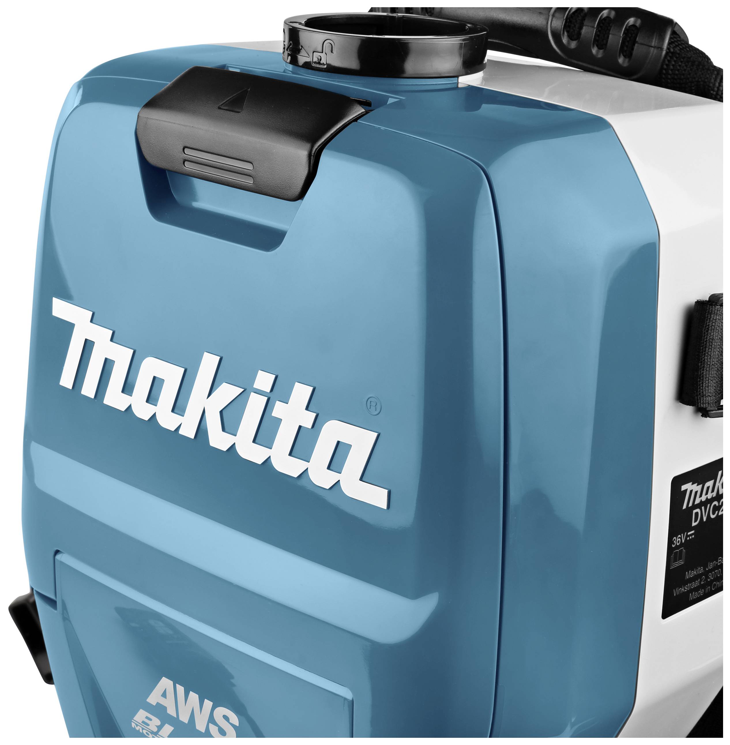 Blauwe en witte draagbare stofzuiger met 'Makita'-logo, geschikt voor professioneel gebruik.