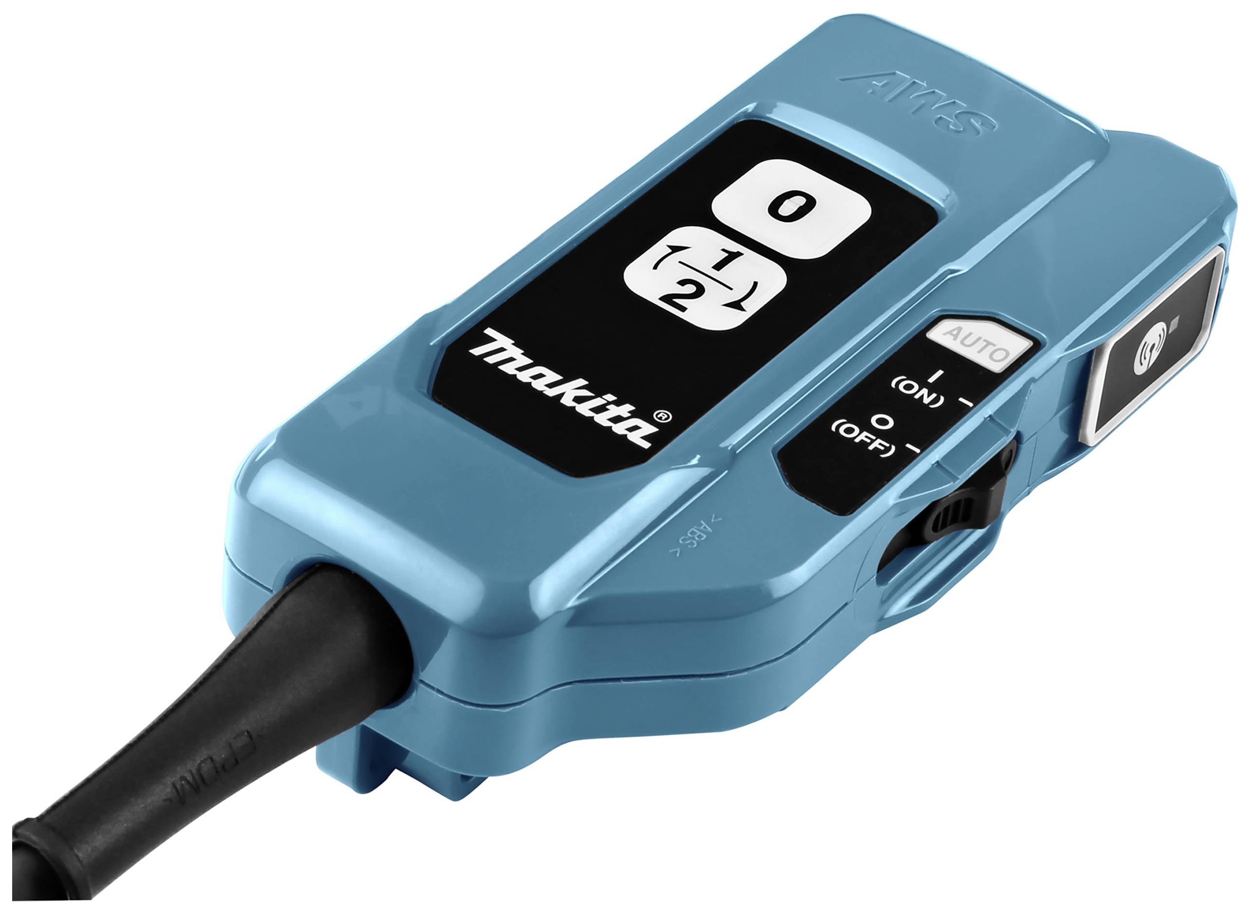 Een blauw, rechthoekig elektronisch apparaat met meerdere knoppen en een display dat de cijfers 0, 1, 2 toont.